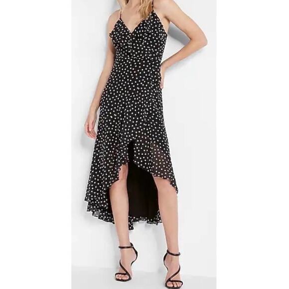 Express Polka Dot Ruffle Wrap Front Hi-Lo Maxi Dress - Picture 1 of 7